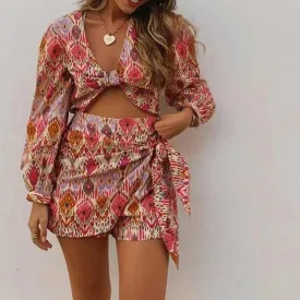 Woman Sexy V Neck Print Cropped Suits High Waisted Skirt Shorts Suit