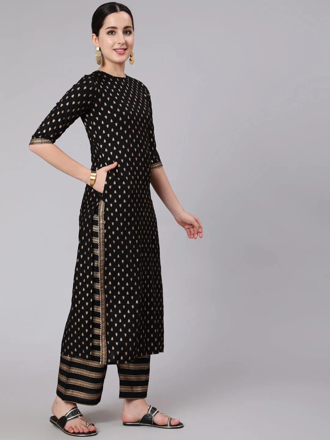 Women Black & Gold Ethnic Printed Kurta With Palazzo & With Net Dupatta