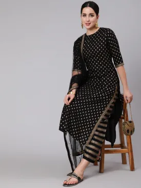 Women Black & Gold Ethnic Printed Kurta With Palazzo & With Net Dupatta