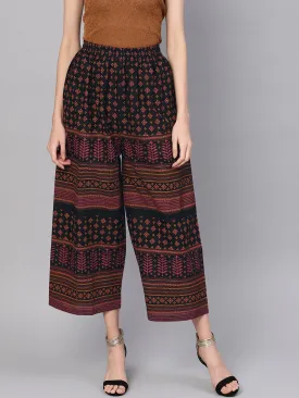 Women Black & Orange Printed Cropped Straight Palazzos