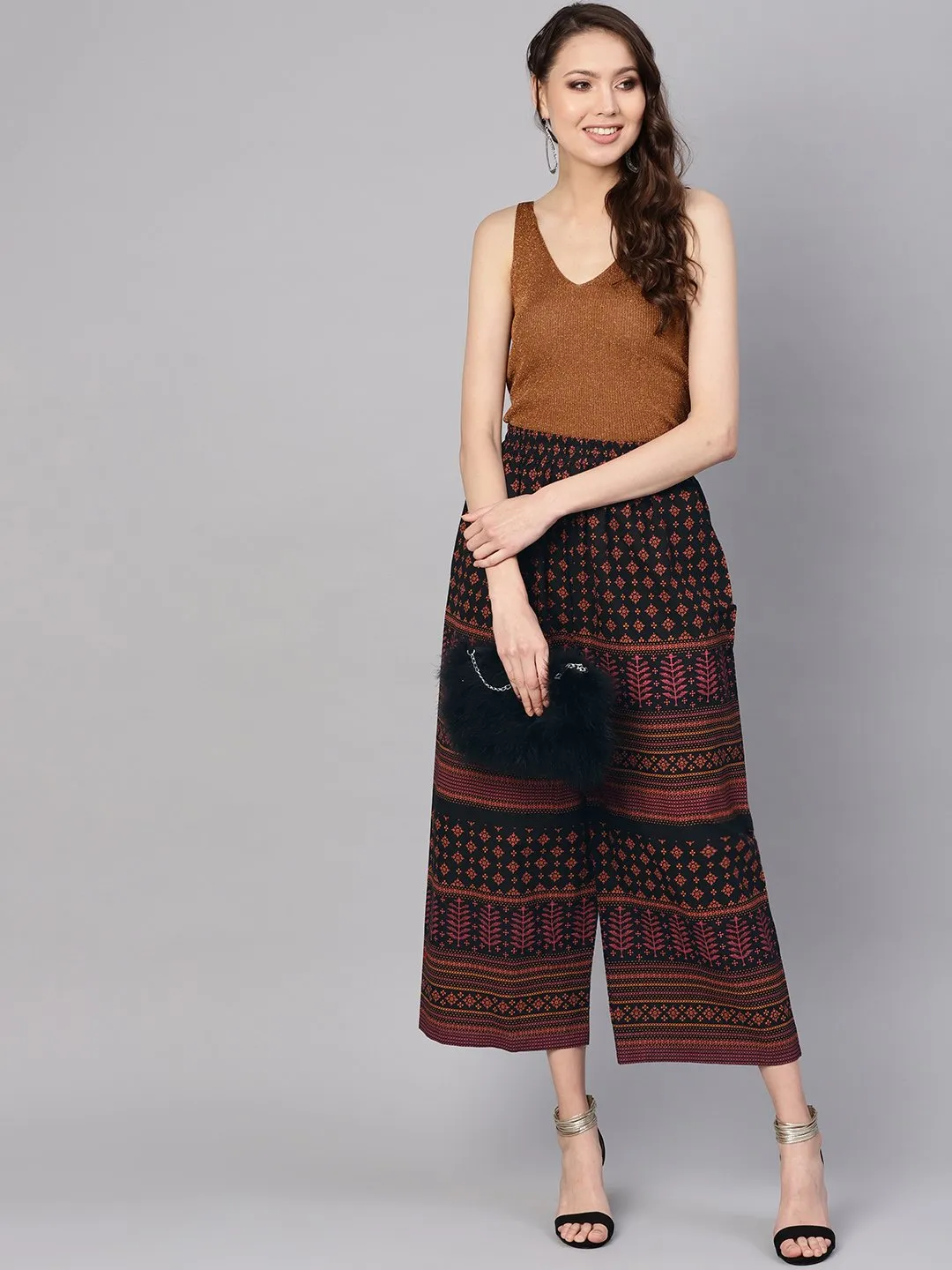 Women Black & Orange Printed Cropped Straight Palazzos