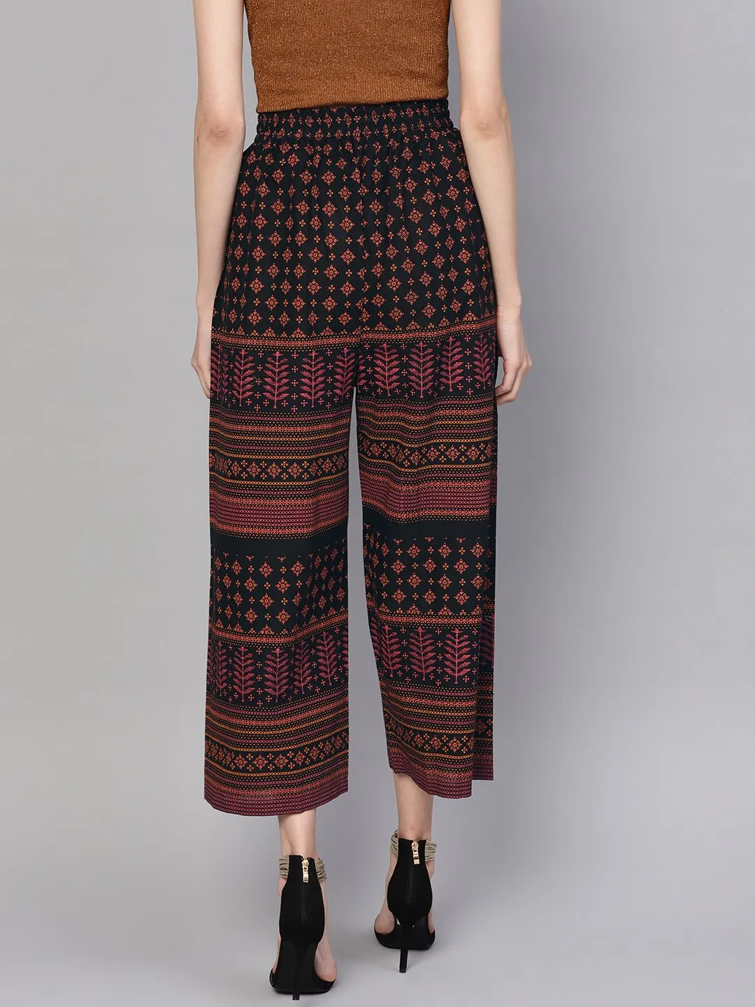 Women Black & Orange Printed Cropped Straight Palazzos