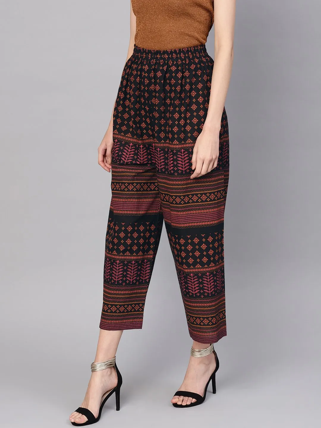 Women Black & Orange Printed Cropped Straight Palazzos