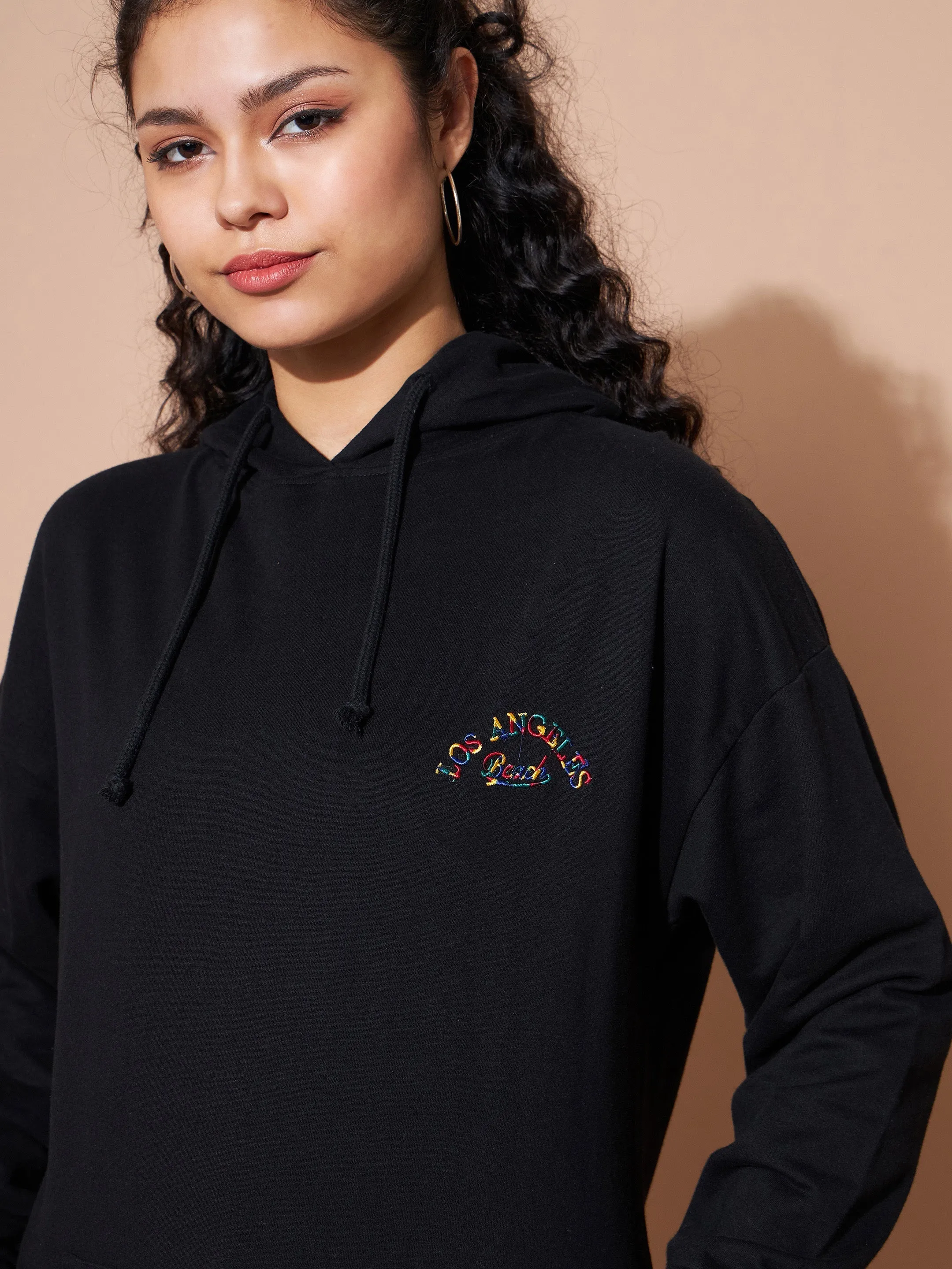 Women Black Embroidered Oversized Hoodie With Track Pants