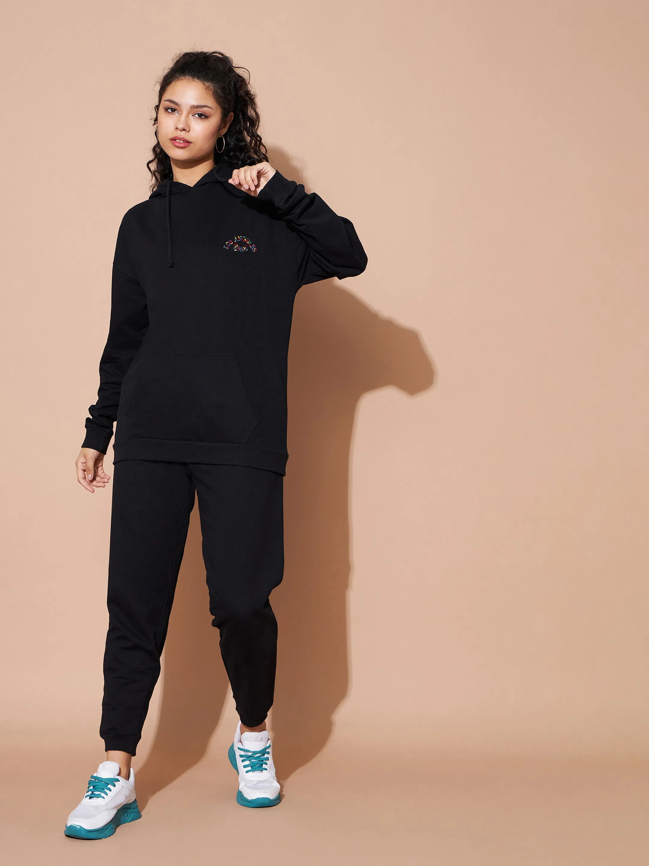 Women Black Embroidered Oversized Hoodie With Track Pants