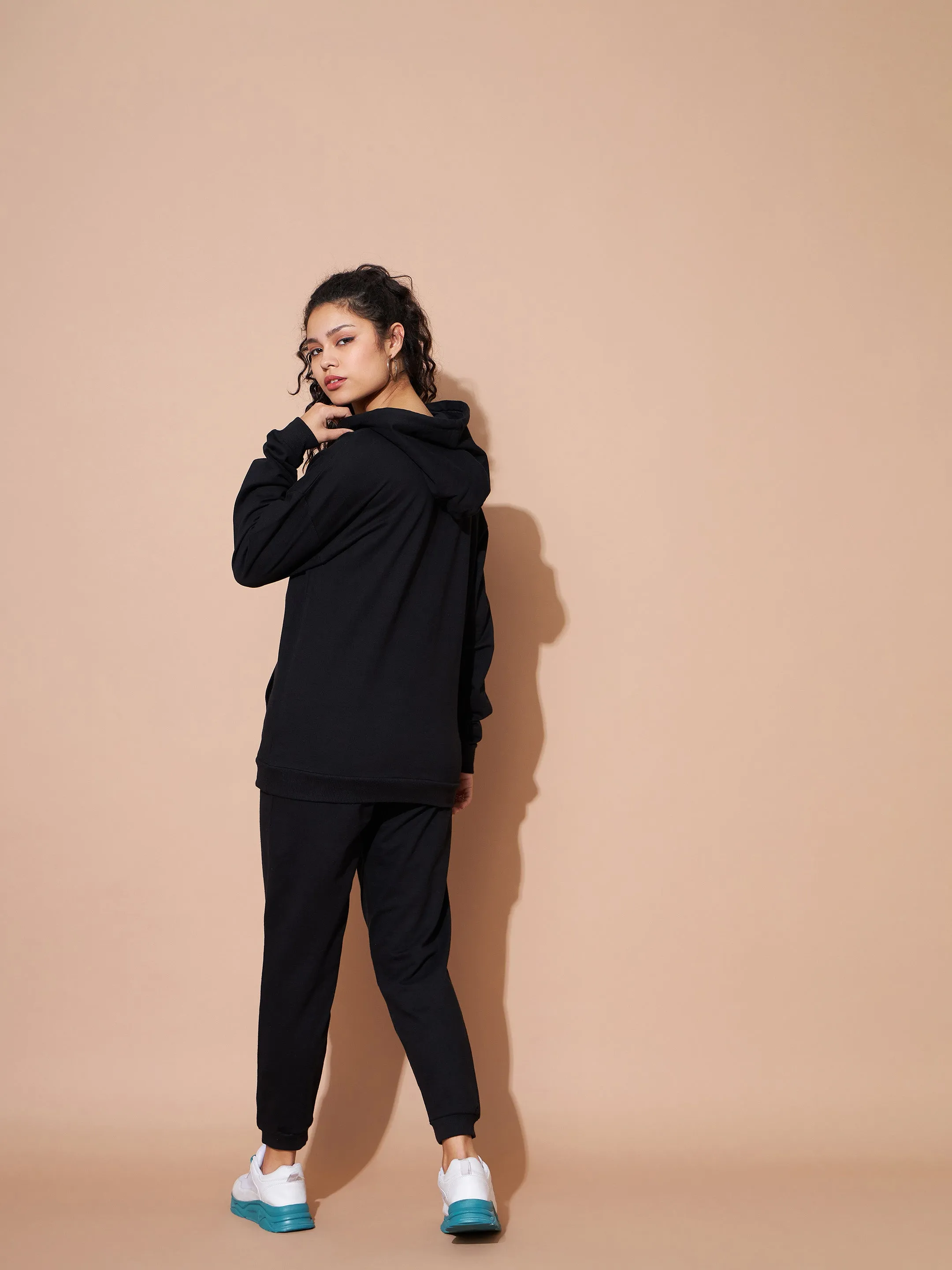 Women Black Embroidered Oversized Hoodie With Track Pants