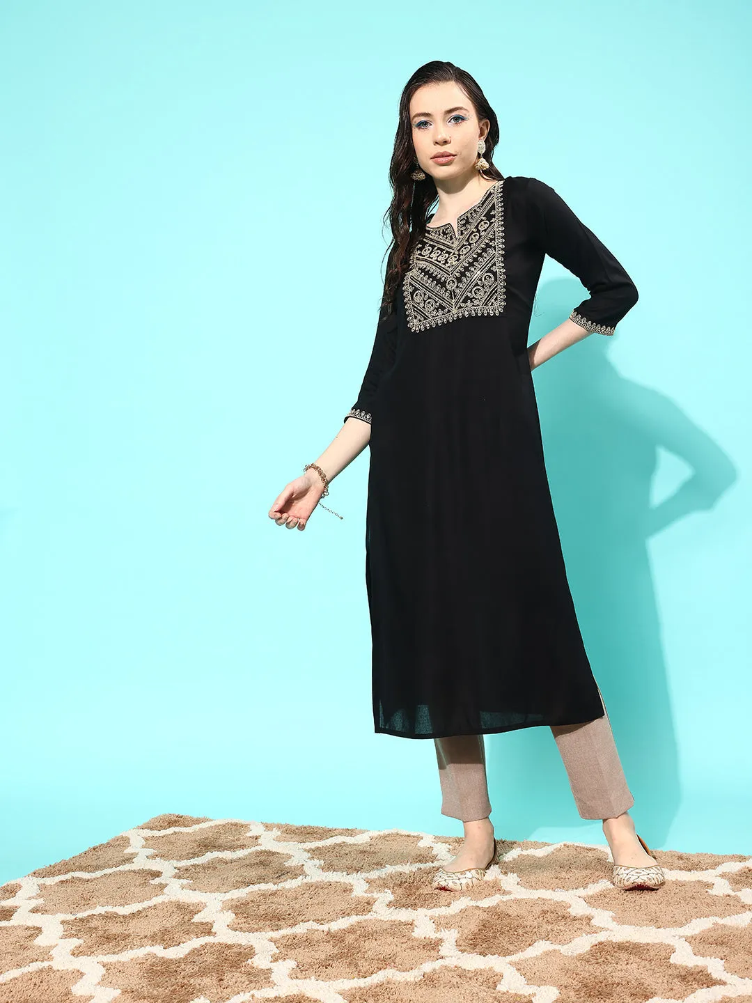 Women Black Embroidered Yoke Desgin Straight Kurta