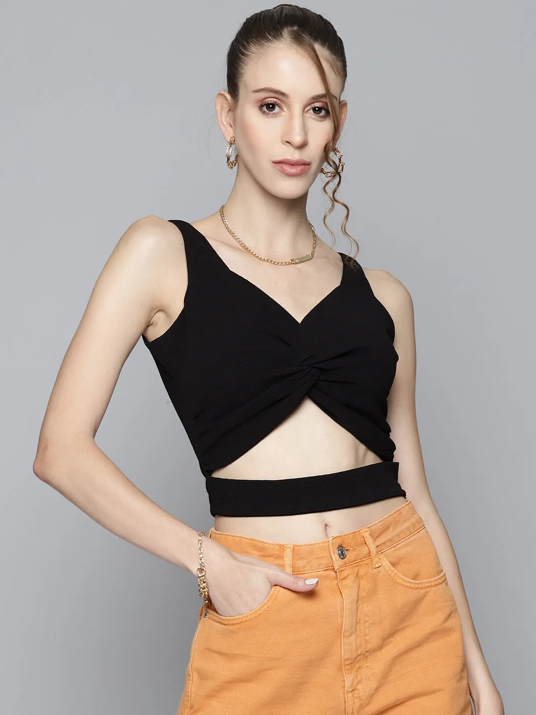 Women Black Front Twisted Knot Crop Top