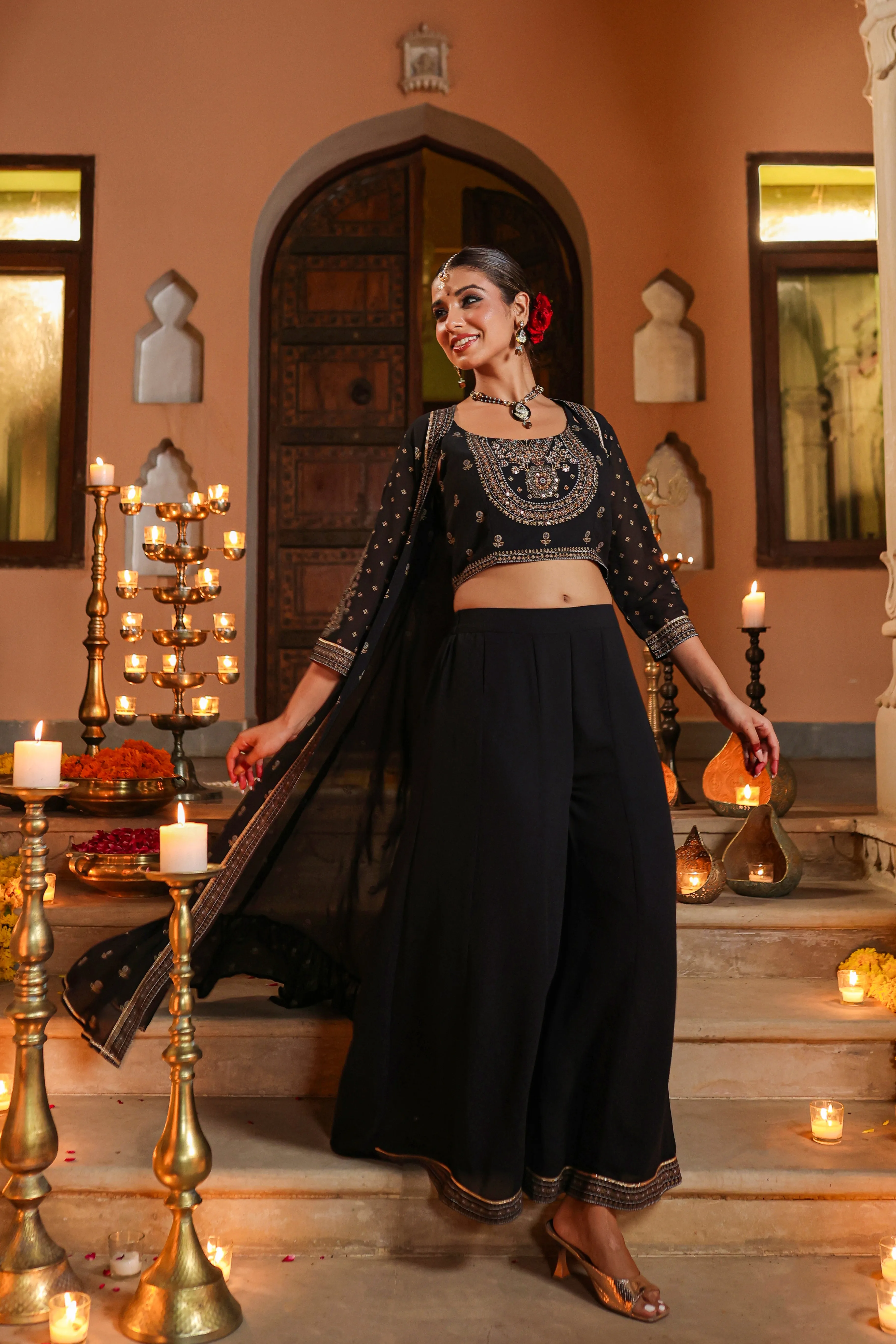 Women Black Georgette Printed Clothing Set