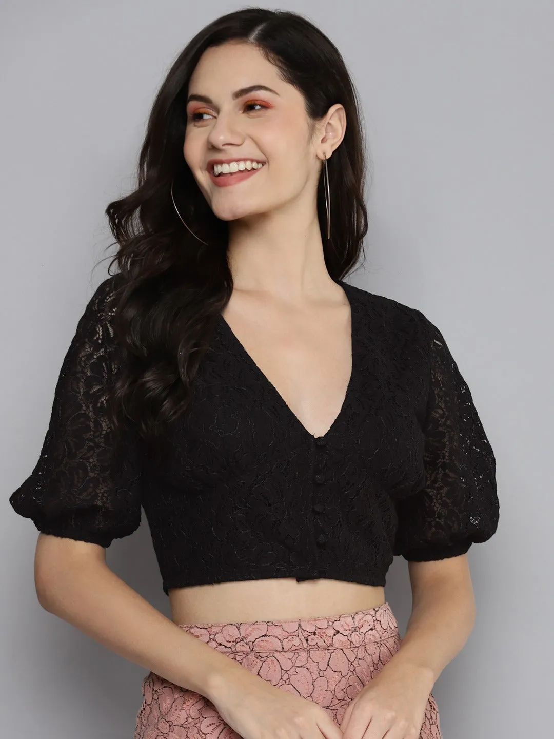 Women Black Lace Puff Sleeve Crop Top