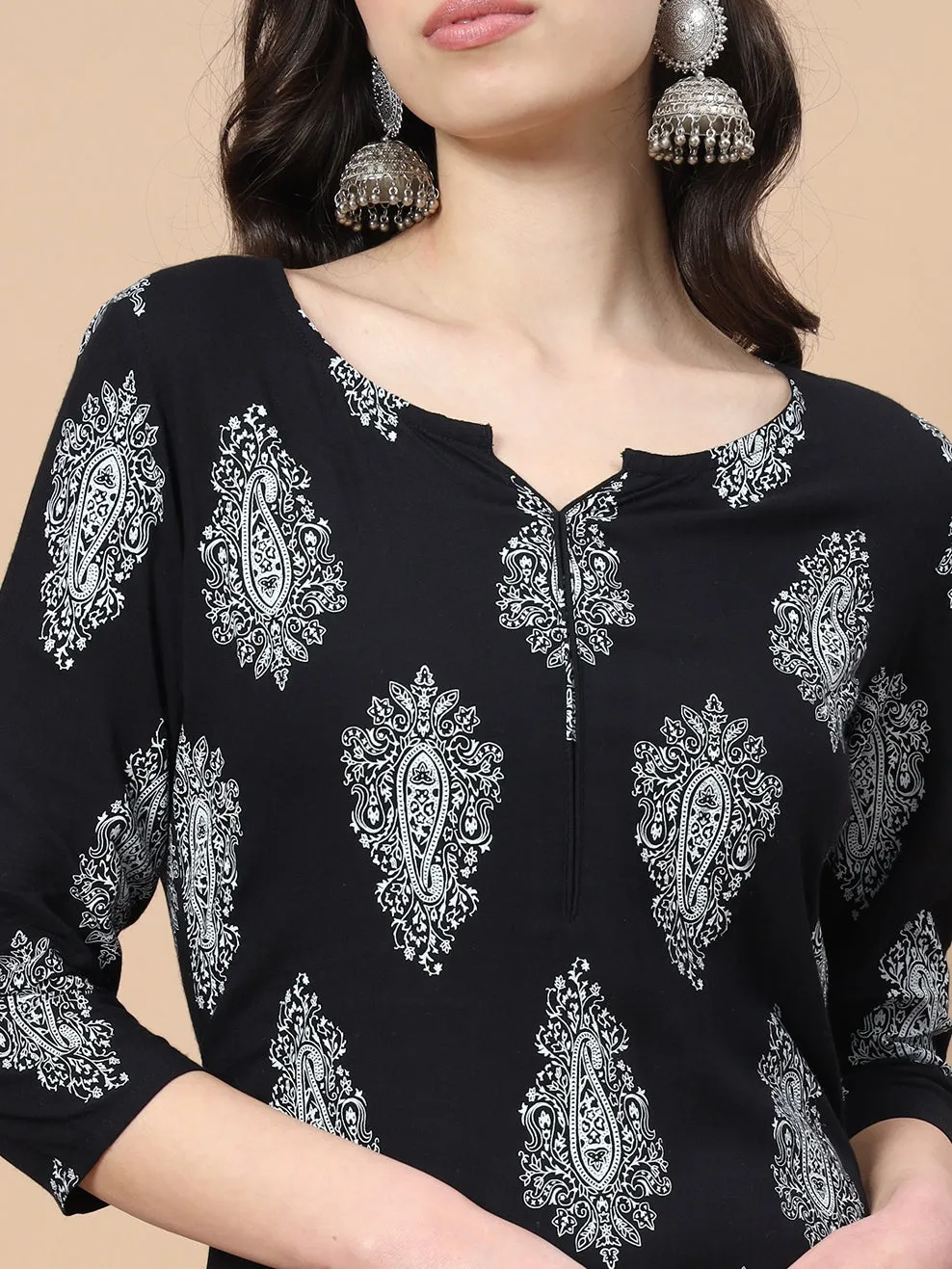 Women Black Paisley Print Rayon Kurta With Hand Block Print Palazzo & Dupatta