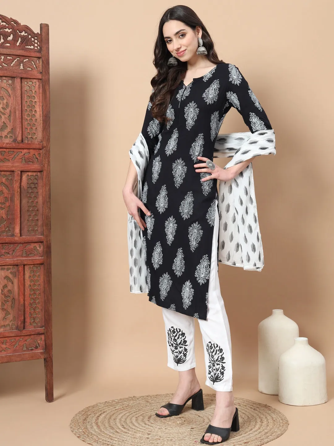 Women Black Paisley Print Rayon Kurta With Hand Block Print Palazzo & Dupatta