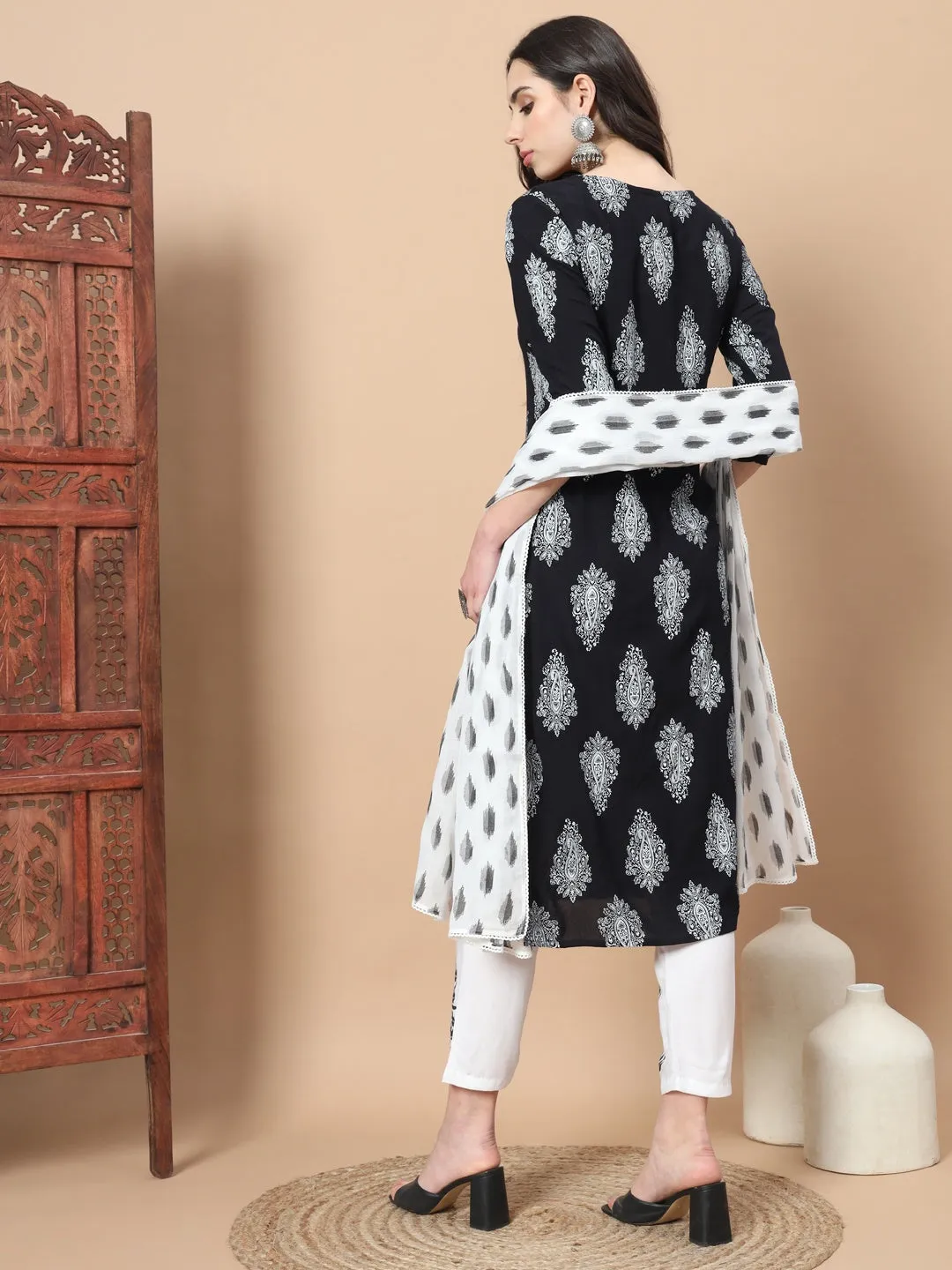 Women Black Paisley Print Rayon Kurta With Hand Block Print Palazzo & Dupatta