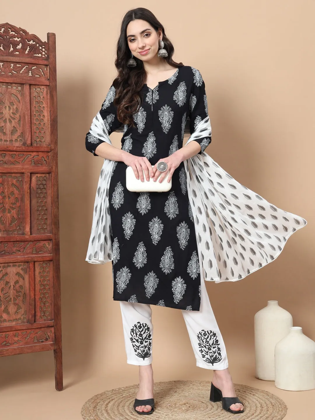 Women Black Paisley Print Rayon Kurta With Hand Block Print Palazzo & Dupatta