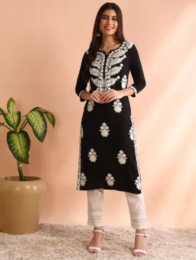 Women Black Rayon Solid Embroidered Straight Kurta