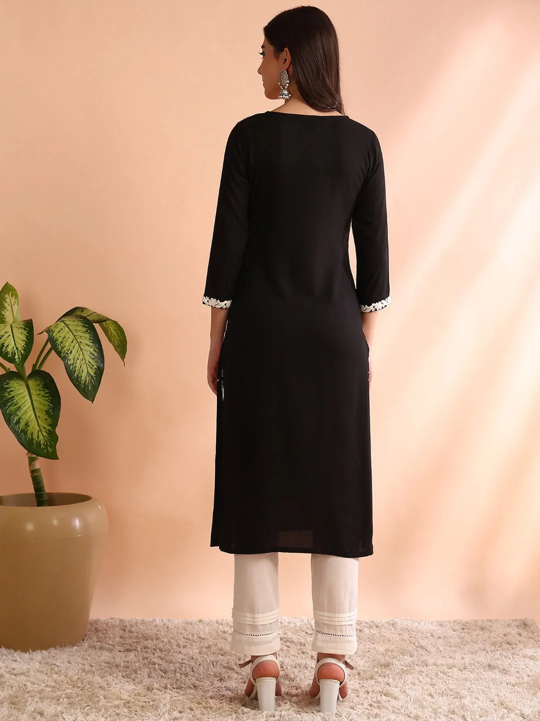 Women Black Rayon Solid Embroidered Straight Kurta