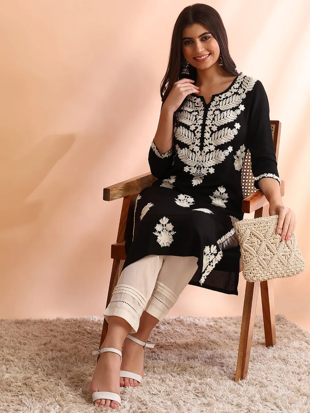 Women Black Rayon Solid Embroidered Straight Kurta