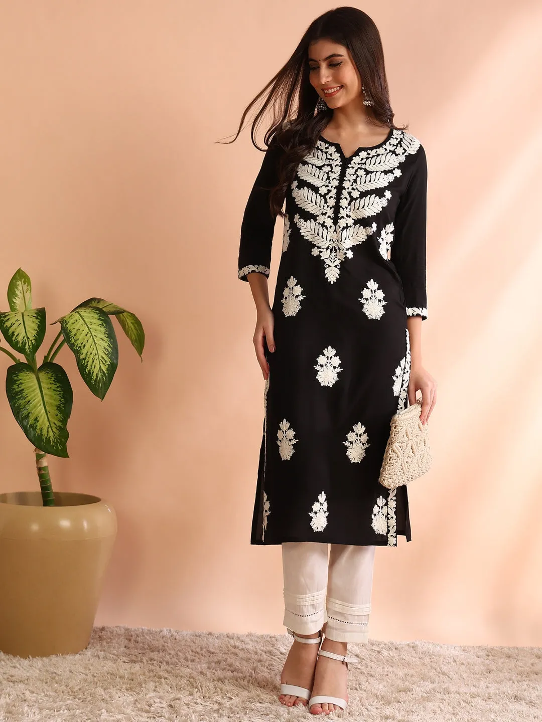 Women Black Rayon Solid Embroidered Straight Kurta