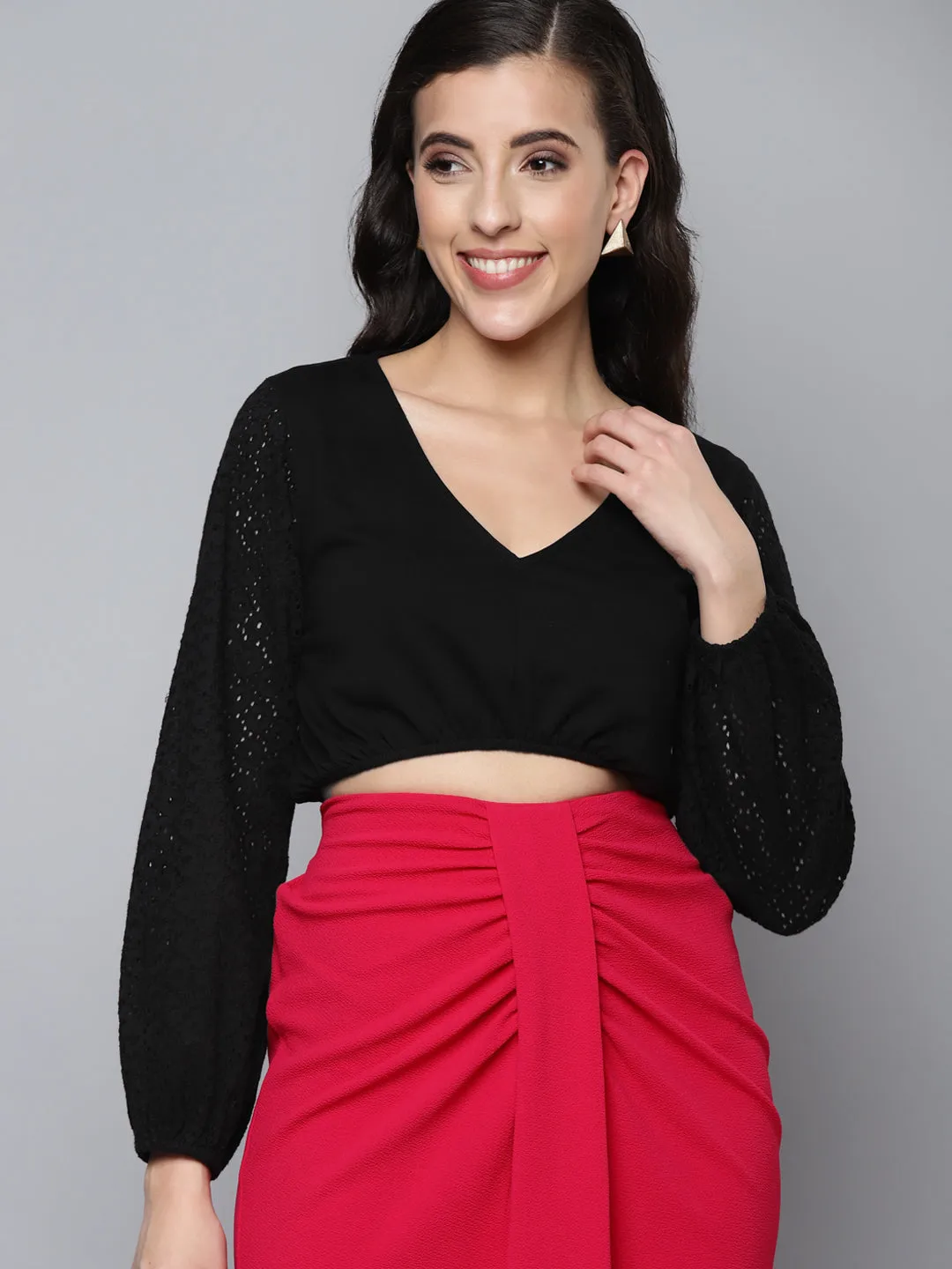 Women Black Schiffli V-Neck Crop Top