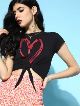 Women Black With Red Heart Foil Tie-Knot Crop T-Shirt