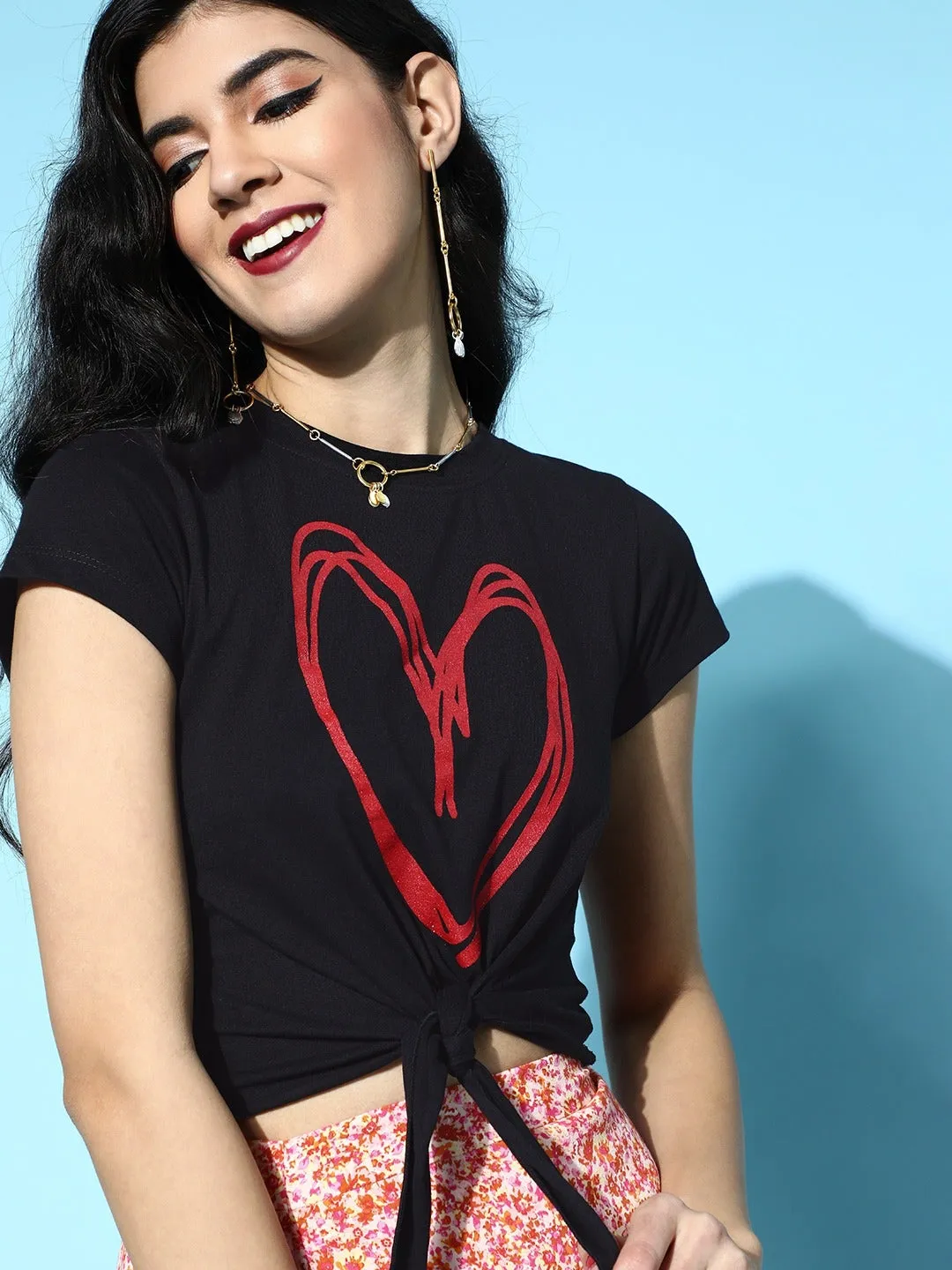 Women Black With Red Heart Foil Tie-Knot Crop T-Shirt