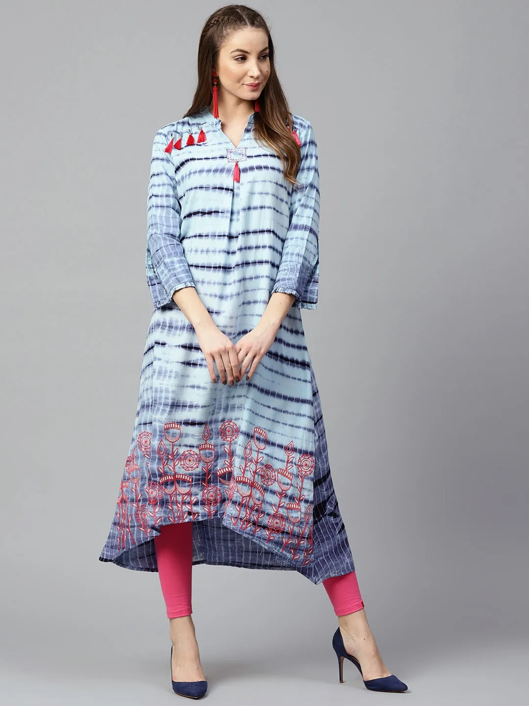 Women Blue & Pink A-Line Kurta