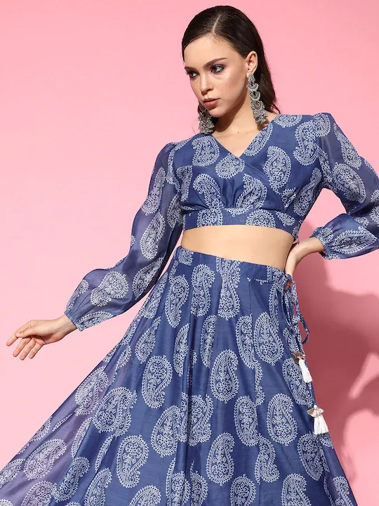 Women Blue Chanderi Paisley Wrap Crop Top