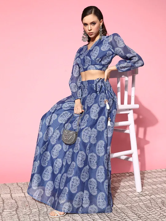 Women Blue Chanderi Paisley Wrap Crop Top