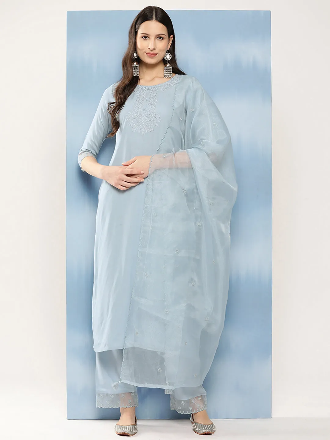 Women Blue Embroidered Straight Kurta With Palazzo And Net Dupatta