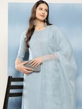 Women Blue Embroidered Straight Kurta With Palazzo And Net Dupatta