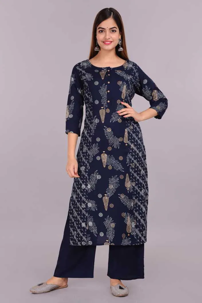 Women Blue Kurta And Palazzo Set Rayon