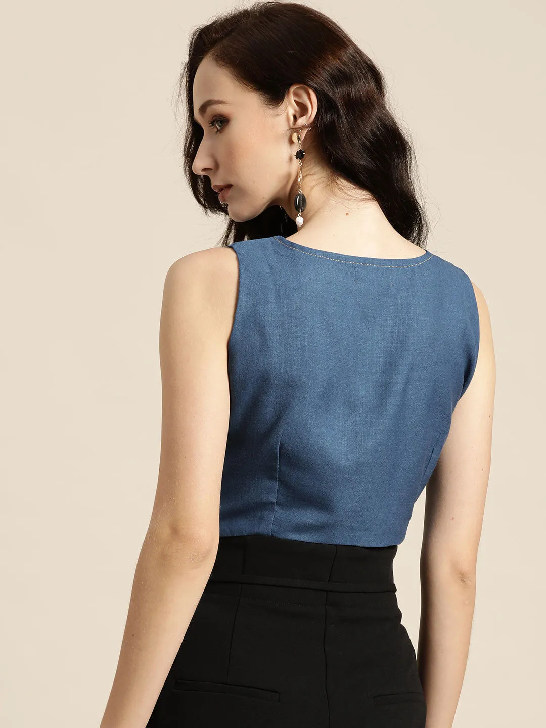 Women Blue Sleeveless Crop Top