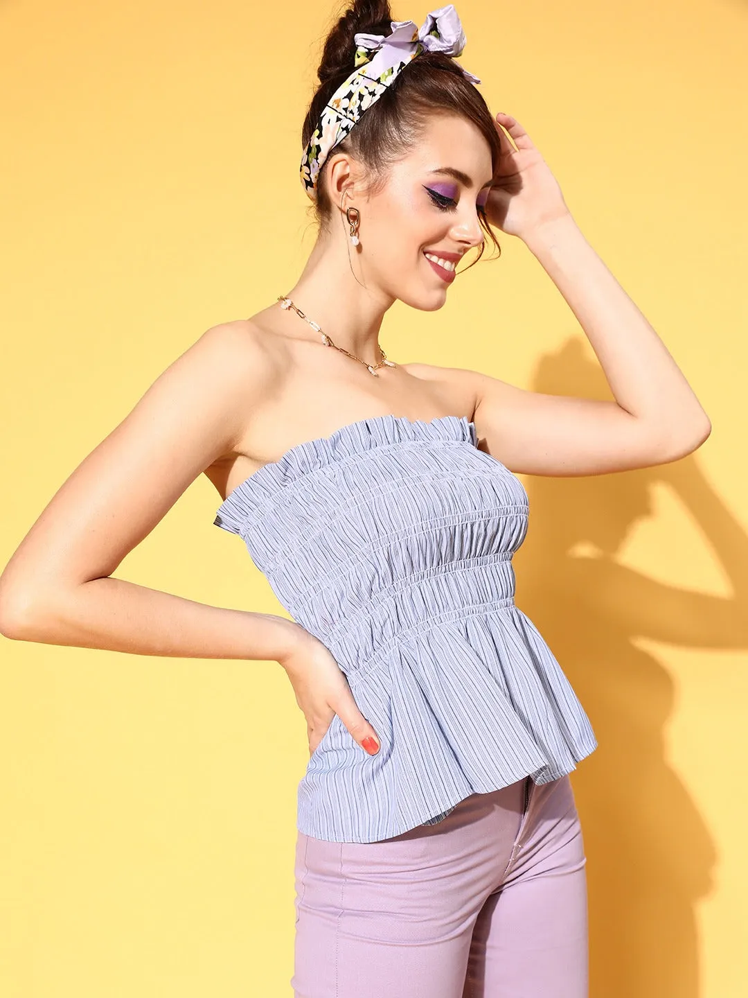 Women Blue Stripes Tube Peplum Top