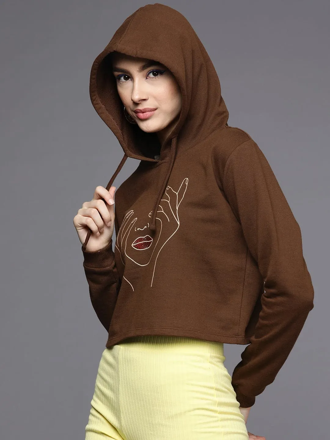 Women Brown Line Art Print Hoodie