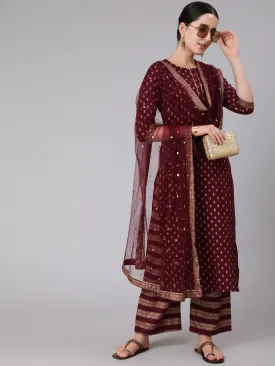 Women Burgundy & Gold Printed Kurta With Palazzo & Net Sequence Dupatta