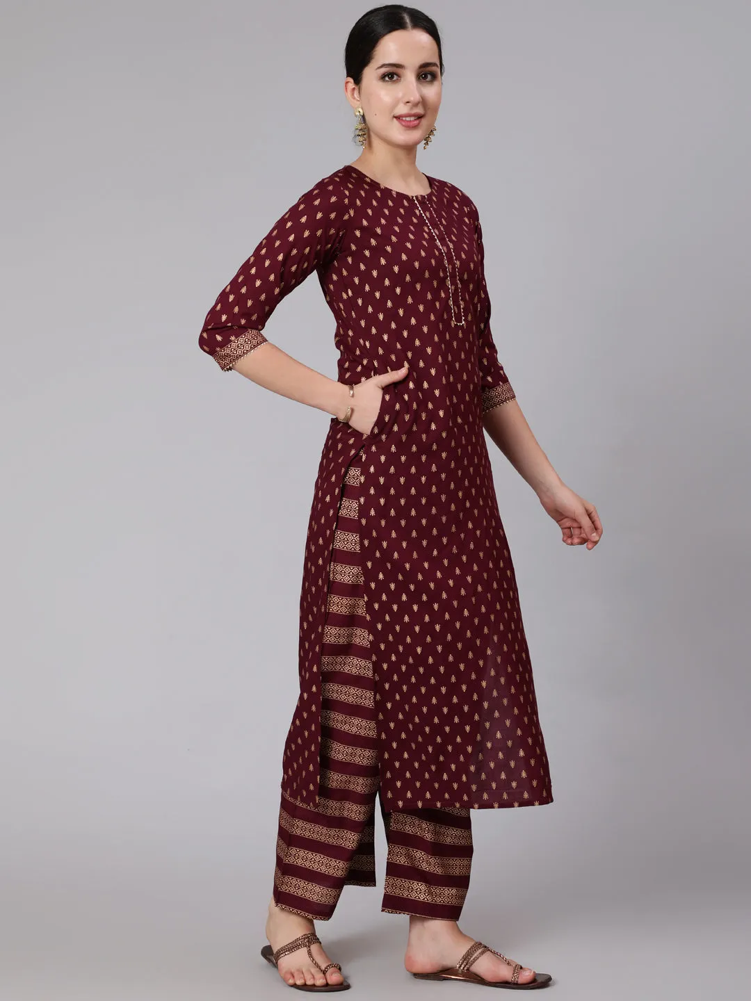 Women Burgundy & Gold Printed Kurta With Palazzo & Net Sequence Dupatta