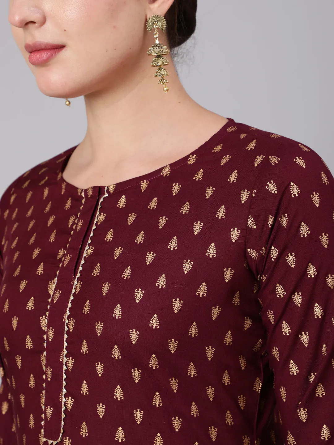 Women Burgundy & Gold Printed Kurta With Palazzo & Net Sequence Dupatta