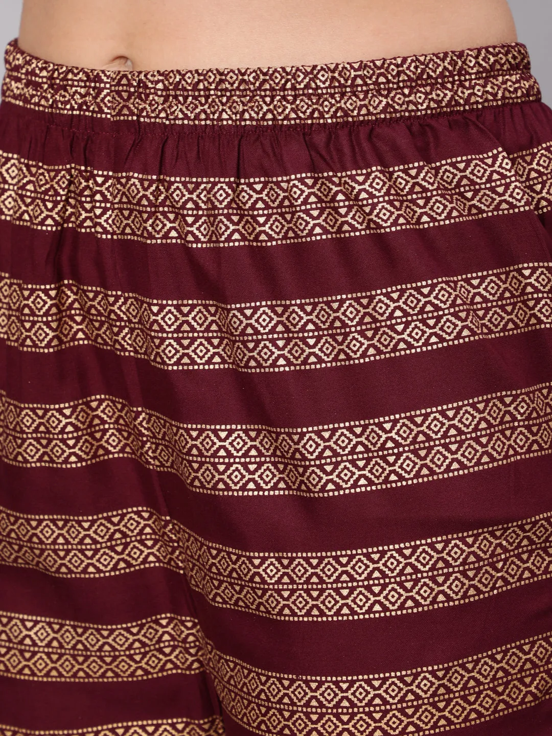 Women Burgundy & Gold Printed Kurta With Palazzo & Net Sequence Dupatta