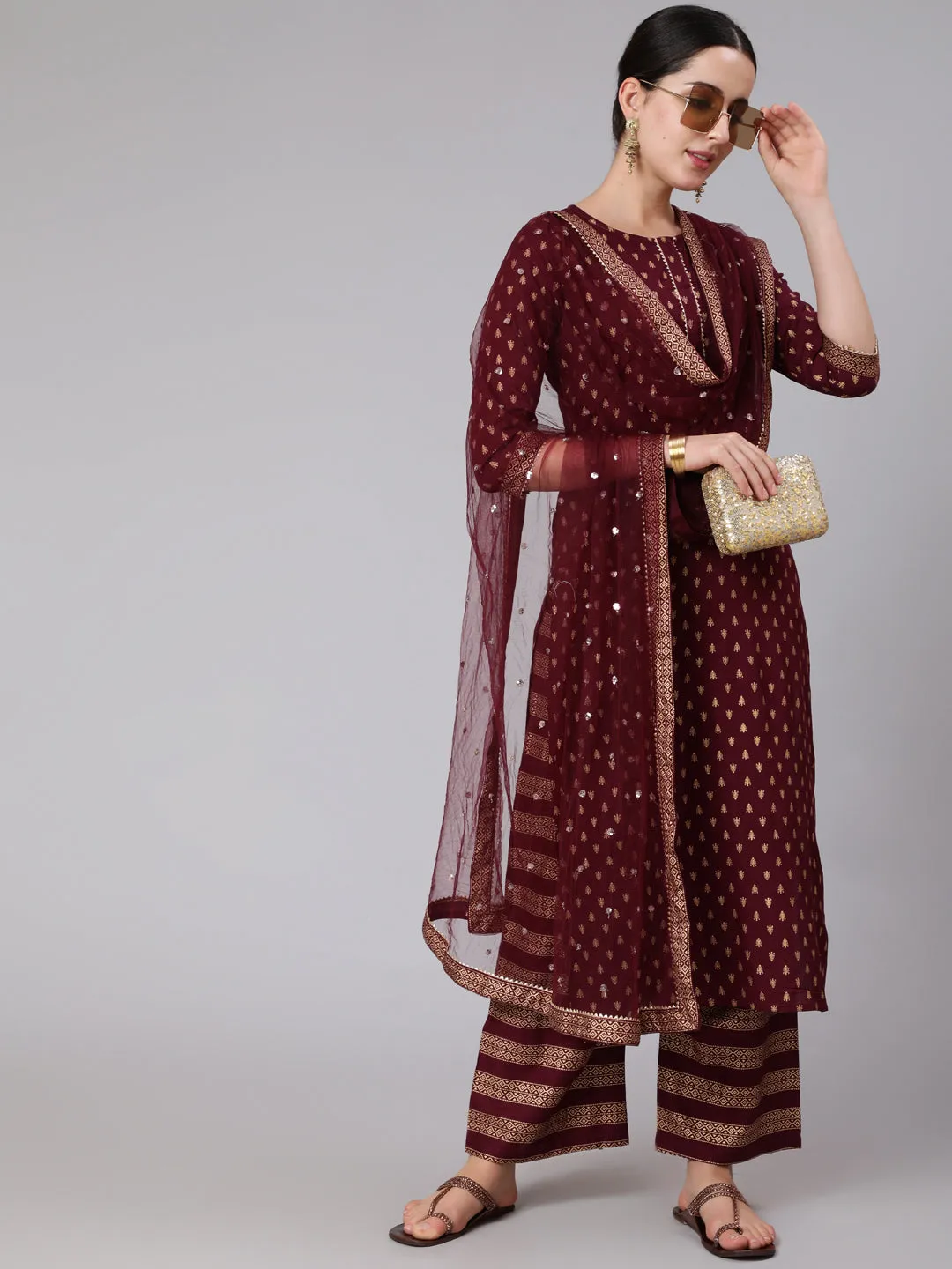 Women Burgundy & Gold Printed Kurta With Palazzo & Net Sequence Dupatta