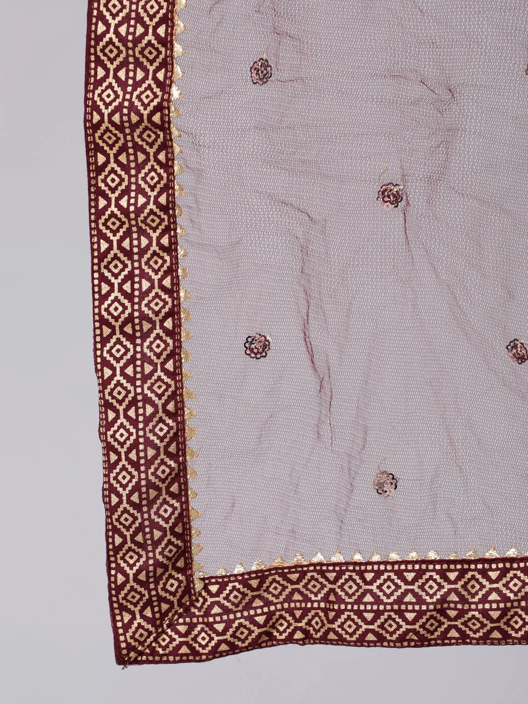 Women Burgundy & Gold Printed Kurta With Palazzo & Net Sequence Dupatta