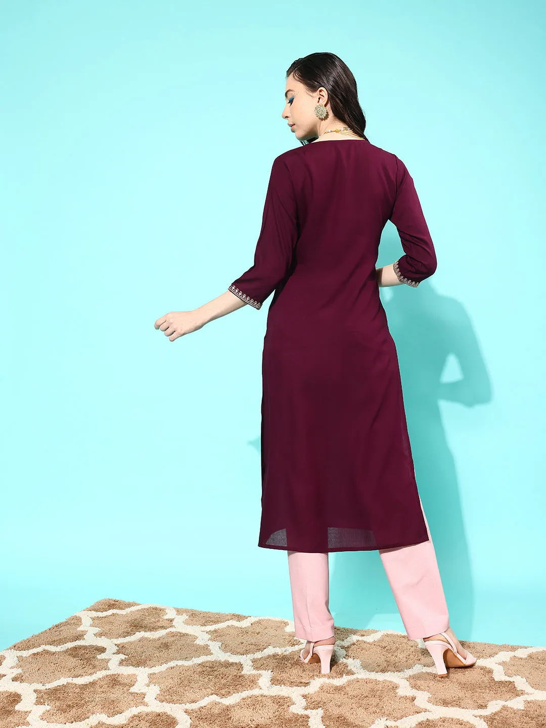 Women Burgundy Embroidered Yoke Desgin Straight Kurta