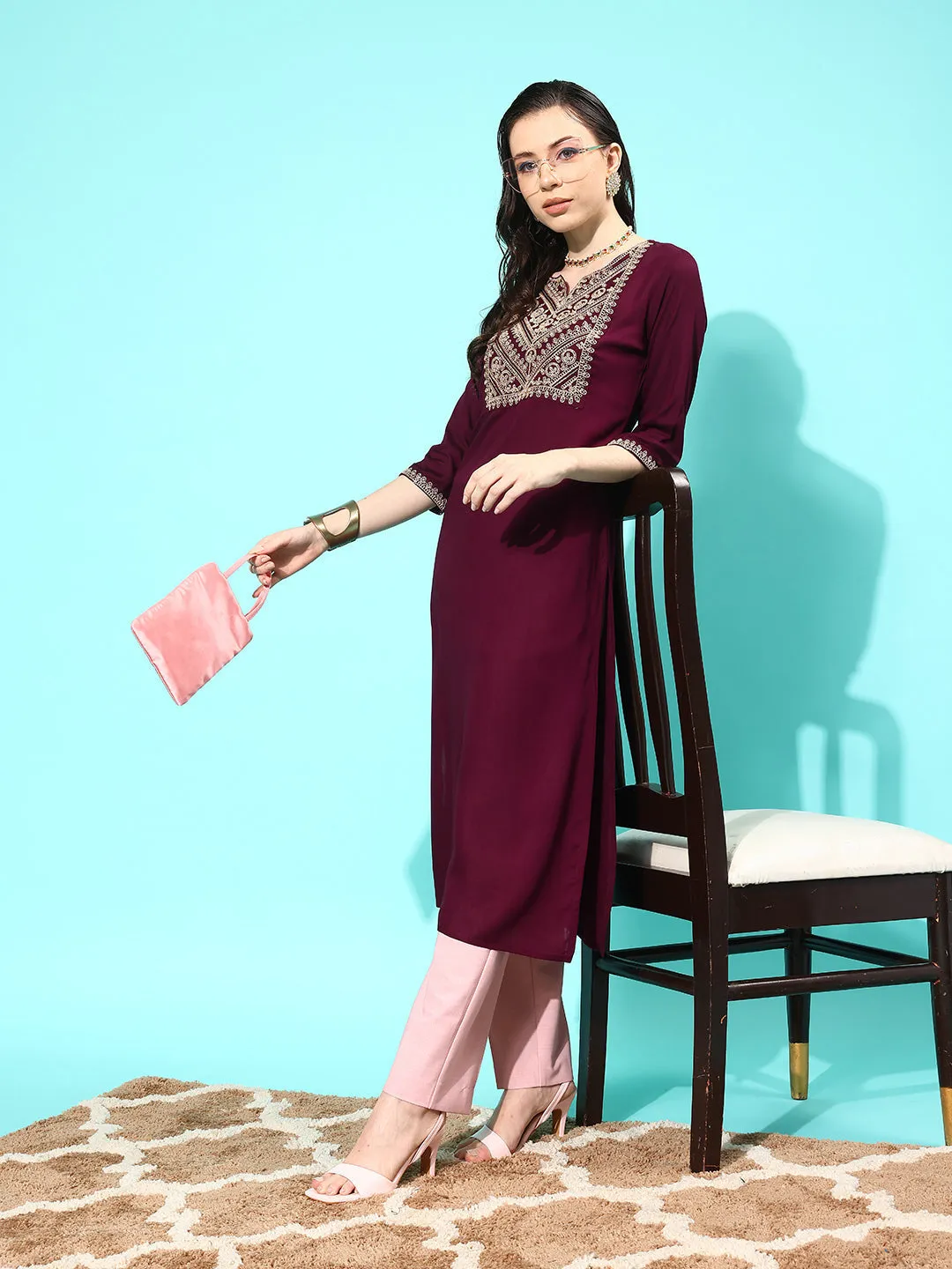 Women Burgundy Embroidered Yoke Desgin Straight Kurta