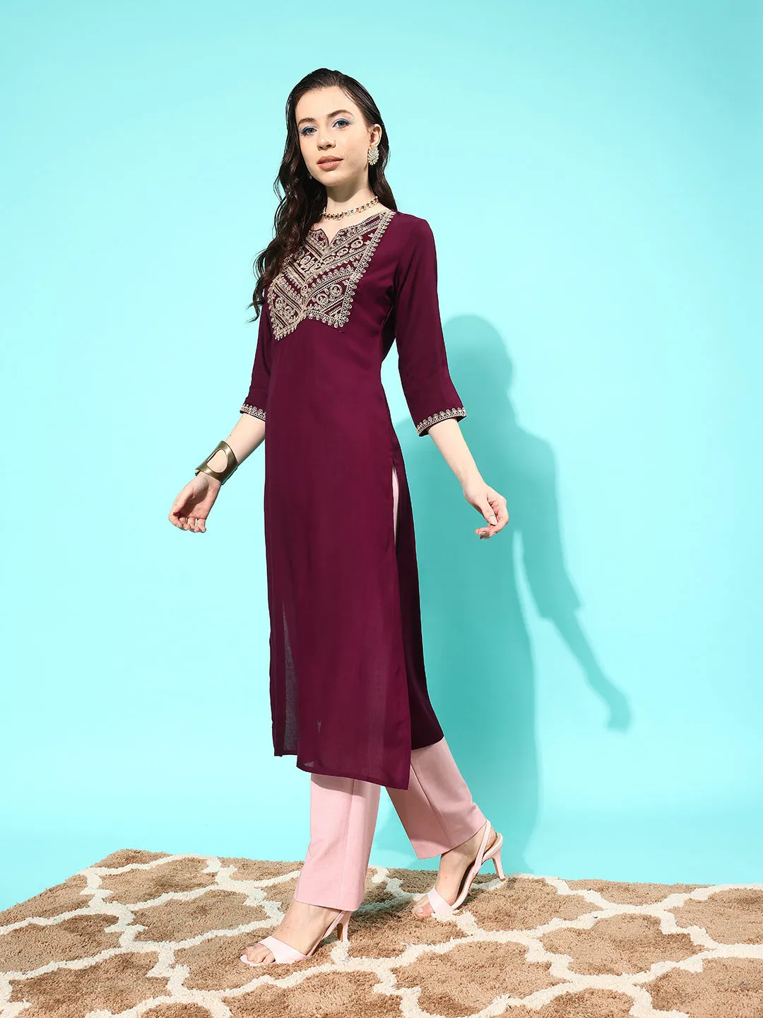 Women Burgundy Embroidered Yoke Desgin Straight Kurta