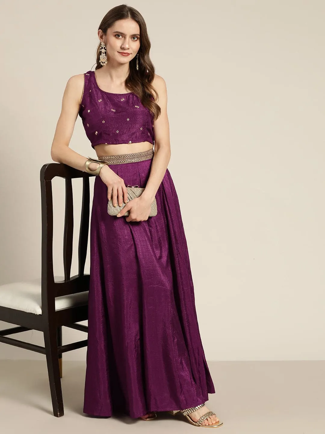 Women Burgundy Mirror Embroidered Sleeveless Crop Top