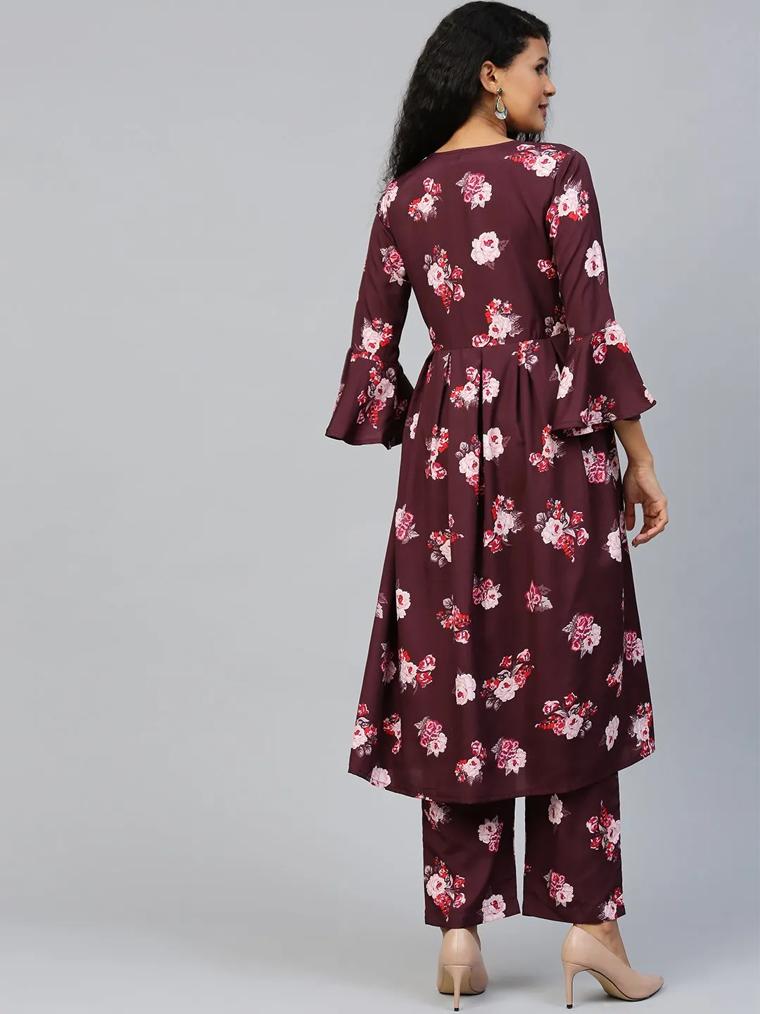 Women Burgundy Three-Quarter Sleeves Flared Kurta Palazzo Set