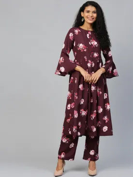 Women Burgundy Three-Quarter Sleeves Flared Kurta Palazzo Set