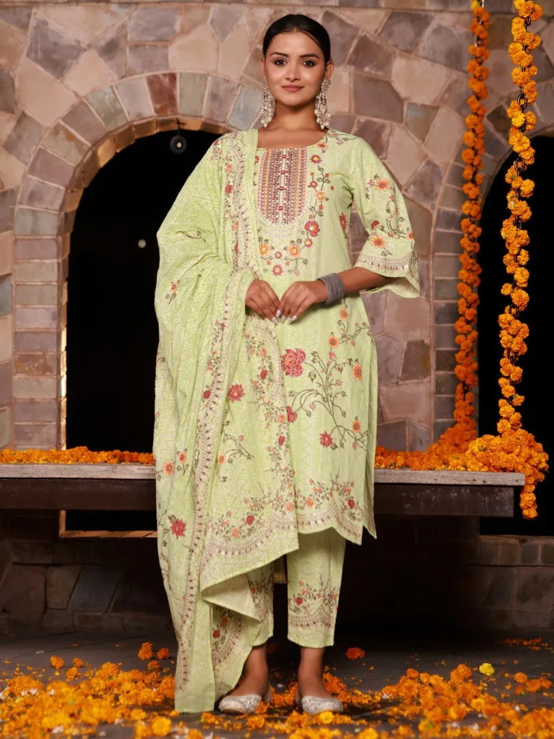 Women Cotton Cambric Green Floral Printed Kurta, Palazzo & Dupatta Set