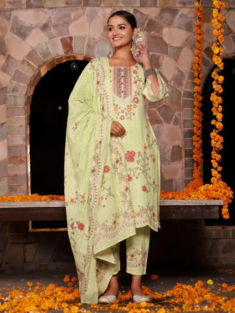 Women Cotton Cambric Green Floral Printed Kurta, Palazzo & Dupatta Set