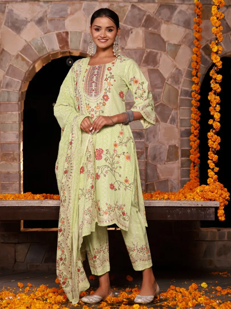 Women Cotton Cambric Green Floral Printed Kurta, Palazzo & Dupatta Set