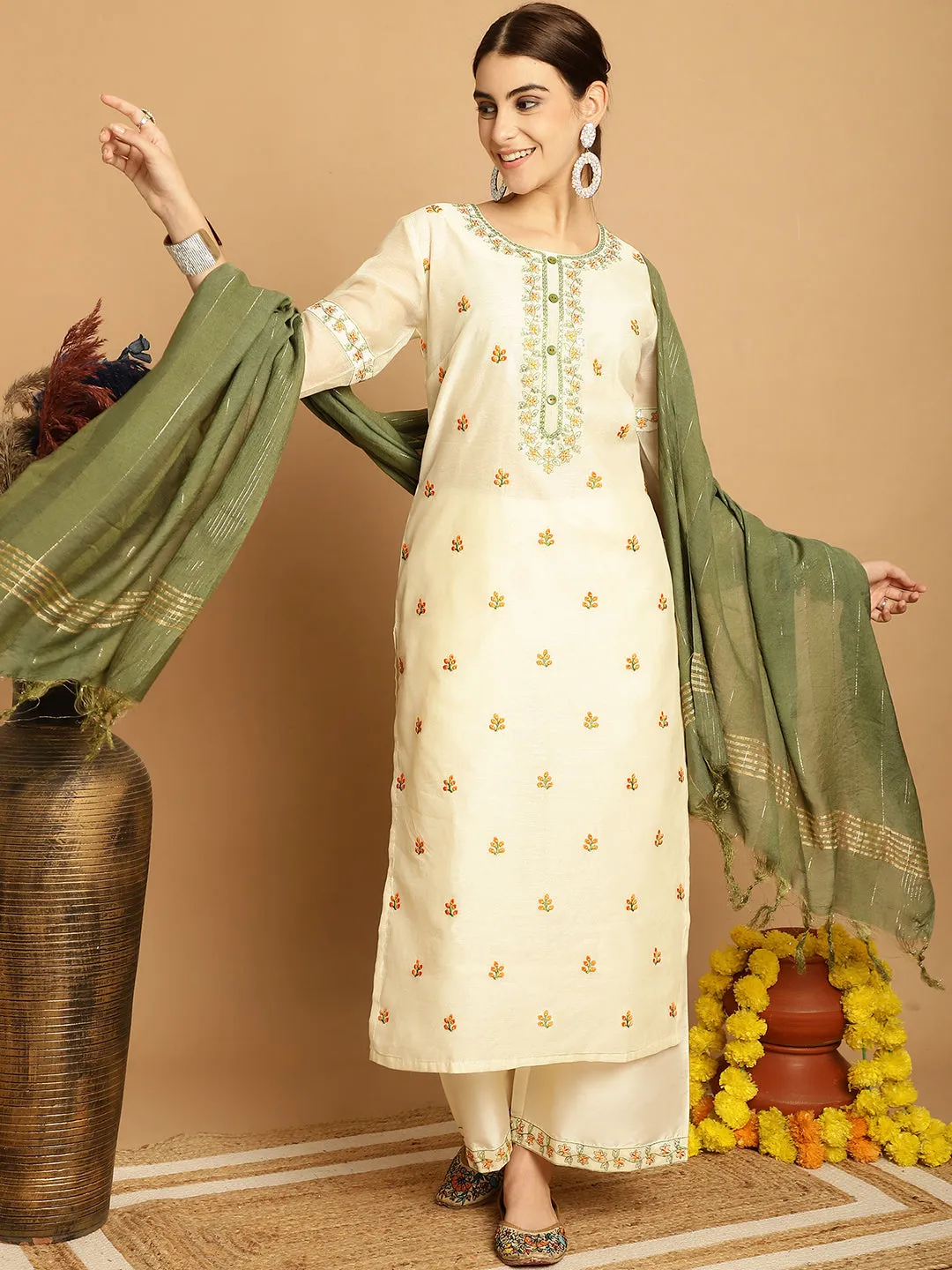 Women Cream Chanderi Palazzo Dupatta Set